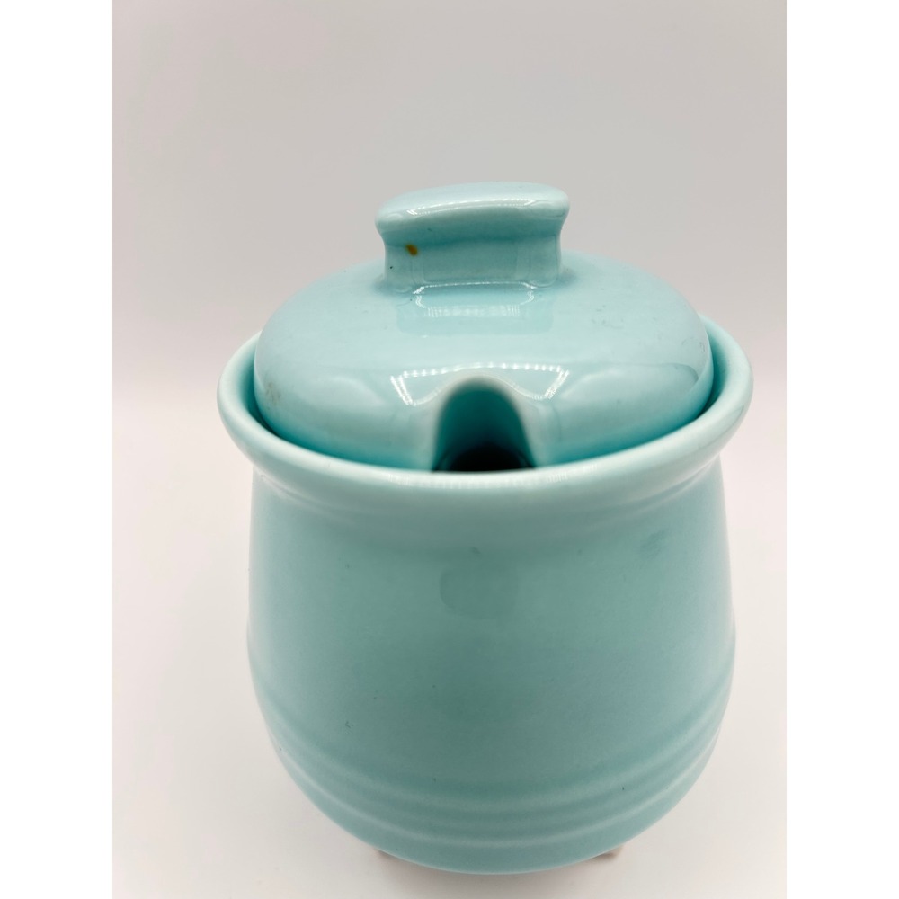 Dowan Sugar Bowl Turquoise Ceramic Jam Jar Lid Good Condition Spoon Slot